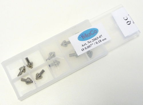 Box of 10 Sapphire Orifices, displaced jewel 0.007_ (0,18 mm); long stem