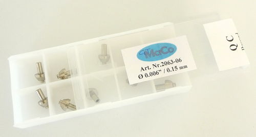 Box of 10 Sapphire Orifices with displaced jewel 0.006" (0,15 mm); long stem
